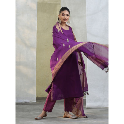 WeaverStory Purple Handloom Chanderi Silk Kurta with Zari Pant Suit with Dupatta (Set of 3)