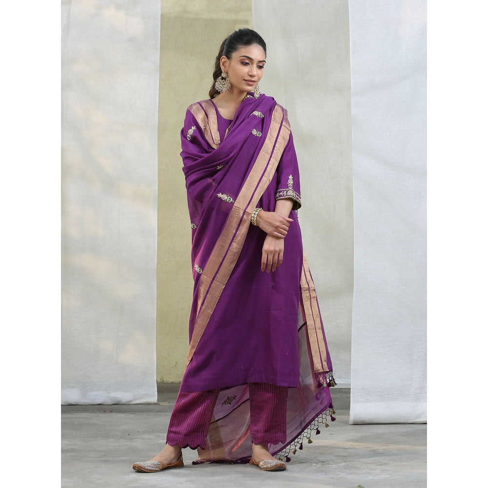 WeaverStory Purple Handloom Chanderi Silk Kurta with Zari Pant Suit with Dupatta (Set of 3)
