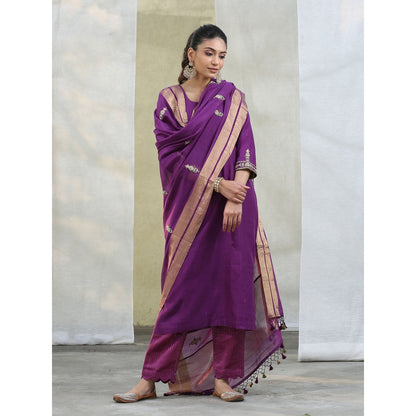 WeaverStory Purple Handloom Chanderi Silk Kurta with Zari Pant Suit with Dupatta (Set of 3)