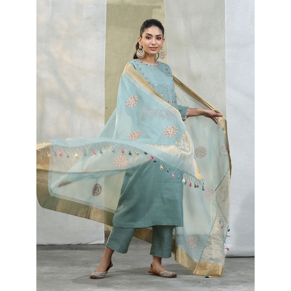 WeaverStory Handloom Powder Blue Suit with Matching Dupatta (Set of 3)