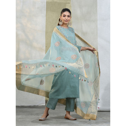 WeaverStory Handloom Powder Blue Suit with Matching Dupatta (Set of 3)