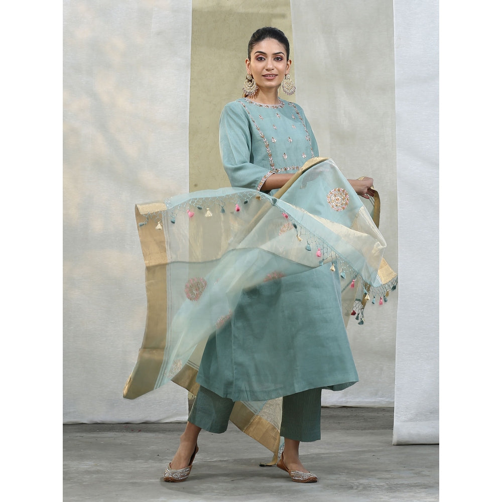 WeaverStory Handloom Powder Blue Suit with Matching Dupatta (Set of 3)