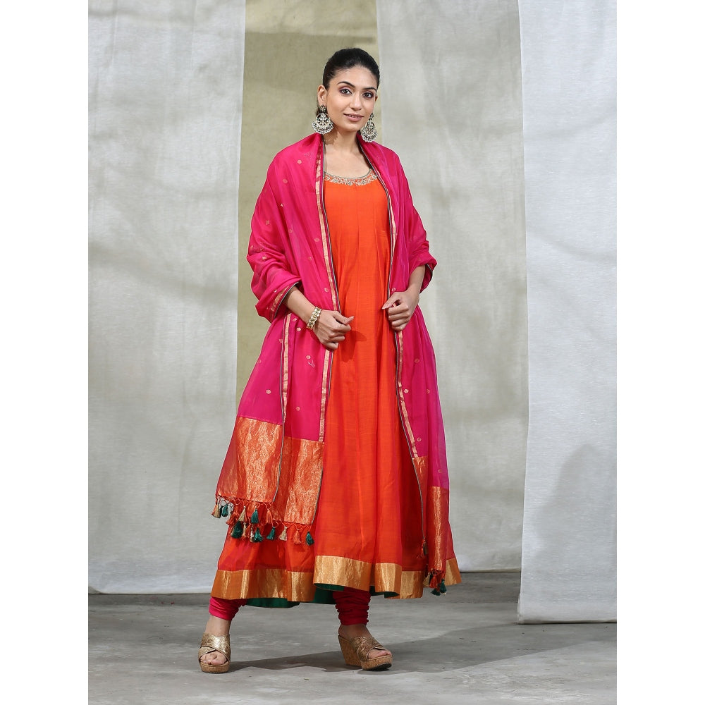 WeaverStory Orange Handloom Anarkali with Churidar and Embroidered Dupatta (Set of 3)
