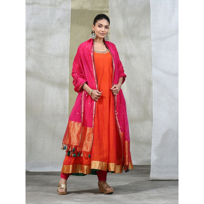 WeaverStory Orange Handloom Anarkali with Churidar and Embroidered Dupatta (Set of 3)
