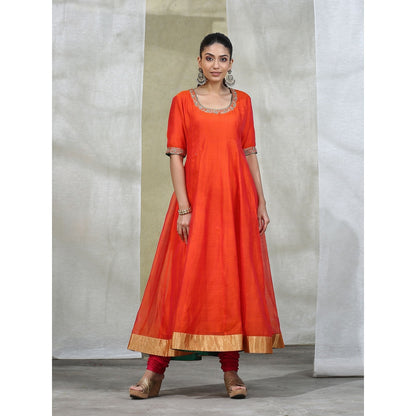 WeaverStory Orange Handloom Anarkali with Churidar and Embroidered Dupatta (Set of 3)