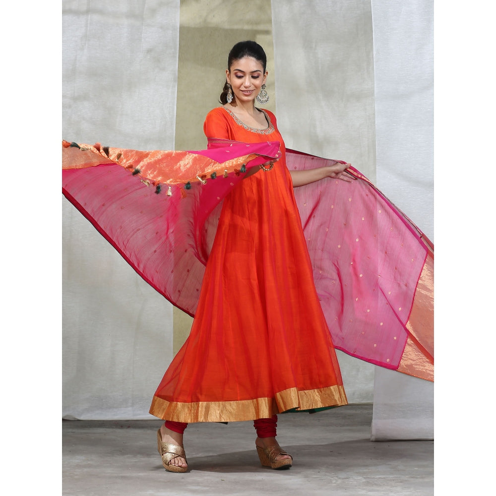 WeaverStory Orange Handloom Anarkali with Churidar and Embroidered Dupatta (Set of 3)