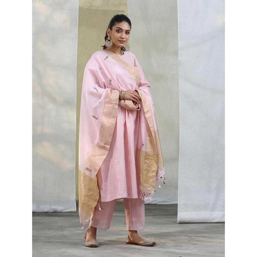 WeaverStory Handloom Baby Pink Chanderi Silk Suit with Hand Embroidery Dupatta (Set of 3)