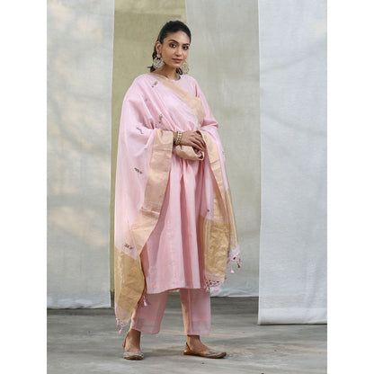 WeaverStory Handloom Baby Pink Chanderi Silk Suit with Hand Embroidery Dupatta (Set of 3)