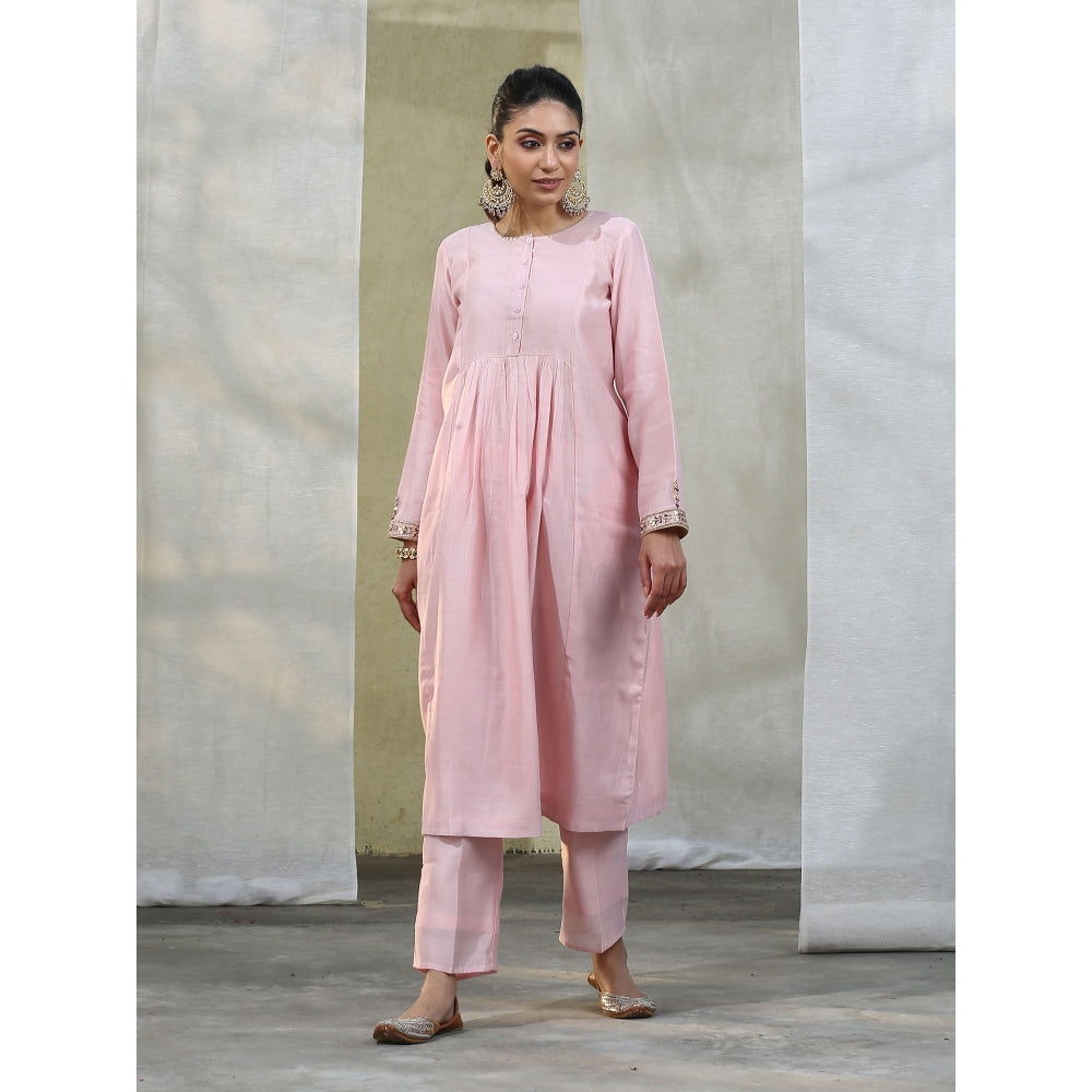 WeaverStory Handloom Baby Pink Chanderi Silk Suit with Hand Embroidery Dupatta (Set of 3)