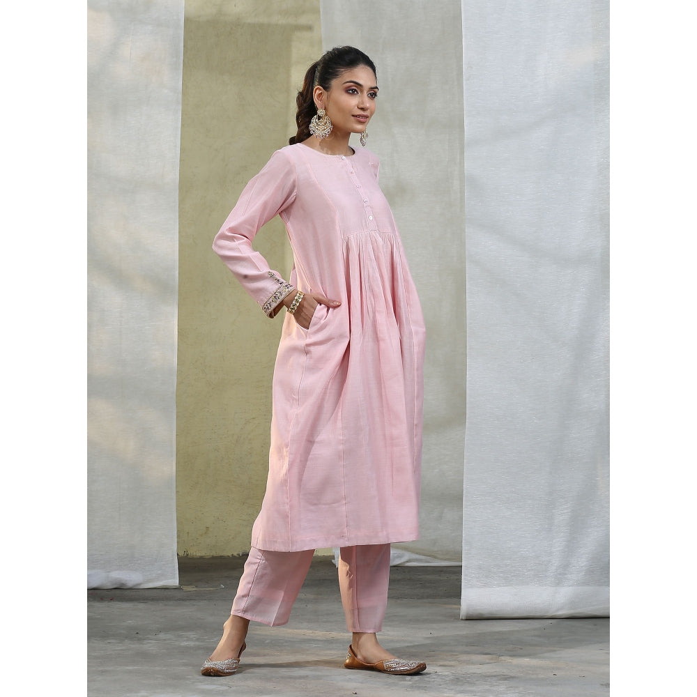 WeaverStory Handloom Baby Pink Chanderi Silk Suit with Hand Embroidery Dupatta (Set of 3)