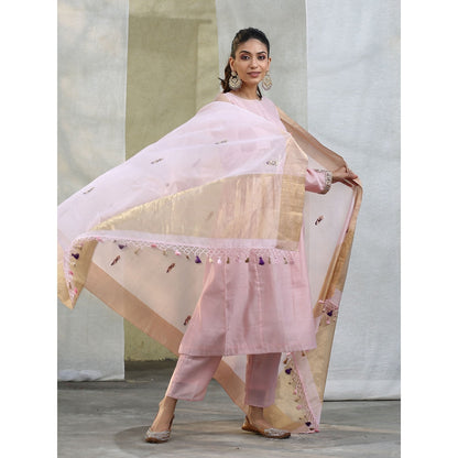 WeaverStory Handloom Baby Pink Chanderi Silk Suit with Hand Embroidery Dupatta (Set of 3)