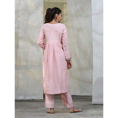 WeaverStory Handloom Baby Pink Chanderi Silk Suit with Hand Embroidery Dupatta (Set of 3)