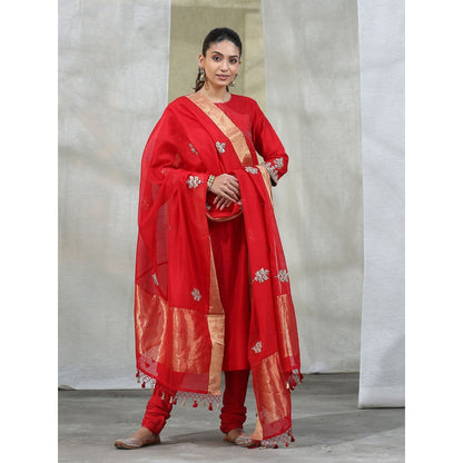 WeaverStory Red Handloom Chanderi Silk Kurta with Churidar and Dupatta (Set of 3)