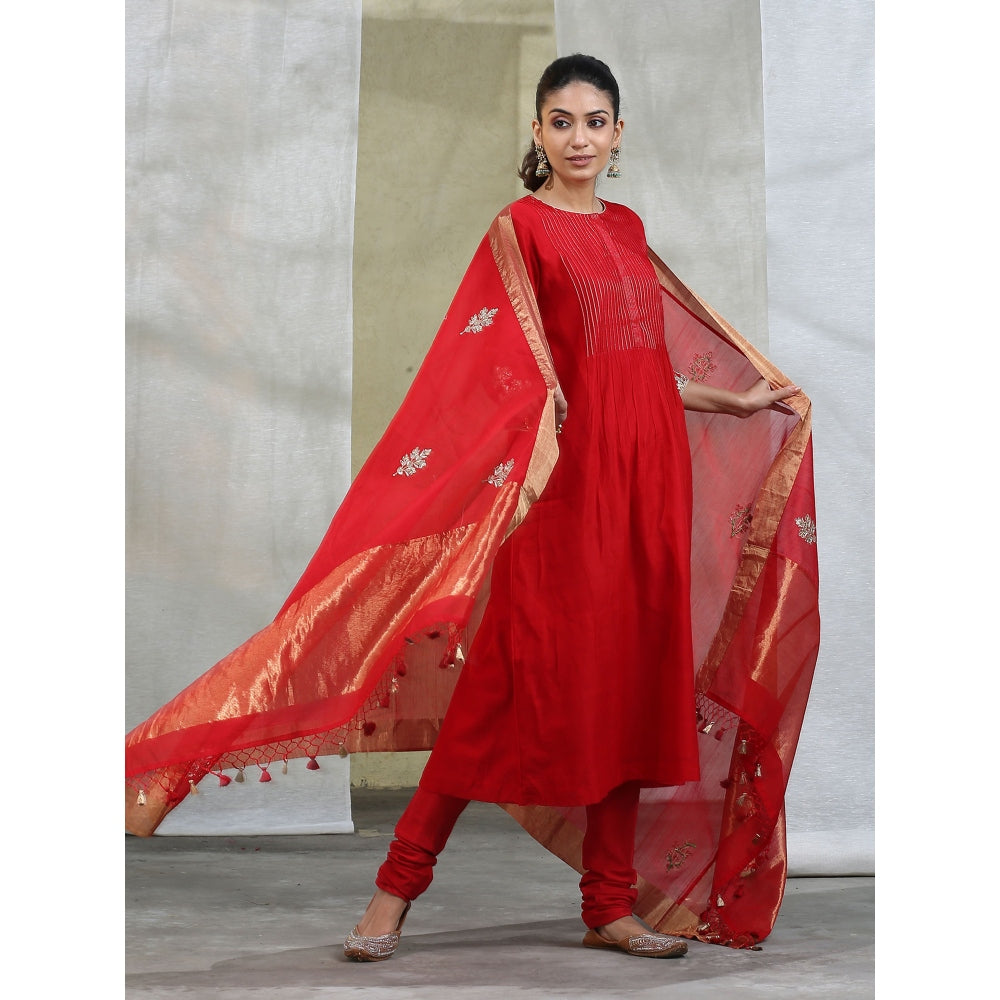WeaverStory Red Handloom Chanderi Silk Kurta with Churidar and Dupatta (Set of 3)
