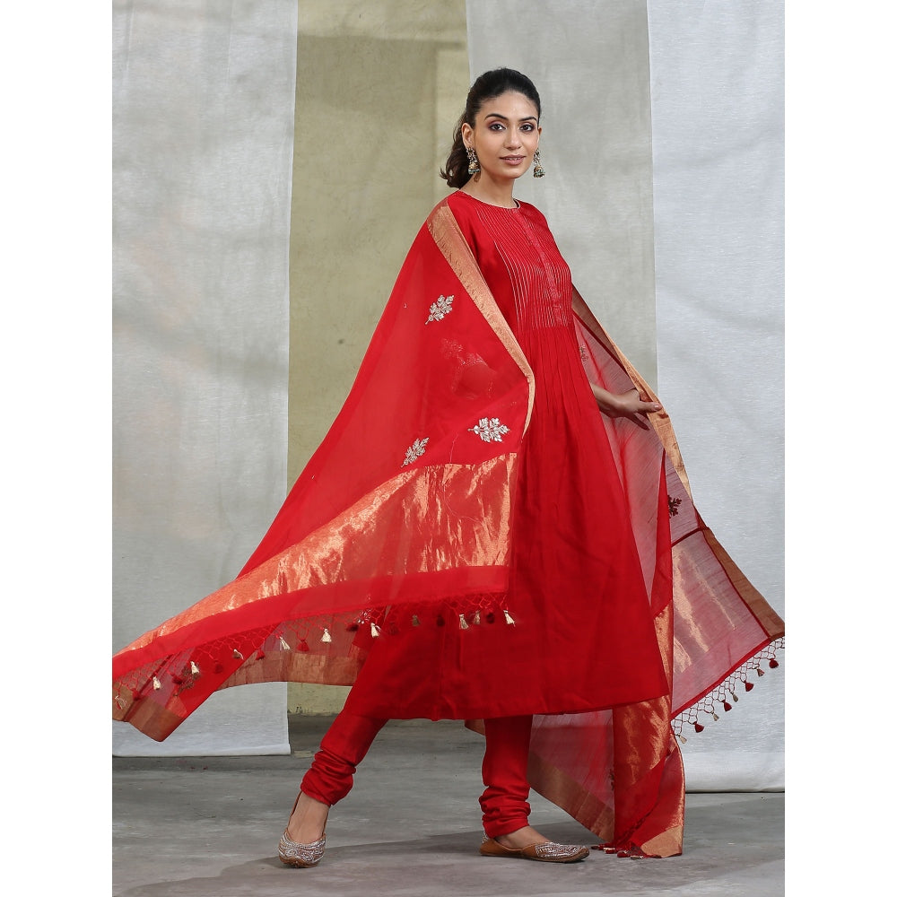 WeaverStory Red Handloom Chanderi Silk Kurta with Churidar and Dupatta (Set of 3)