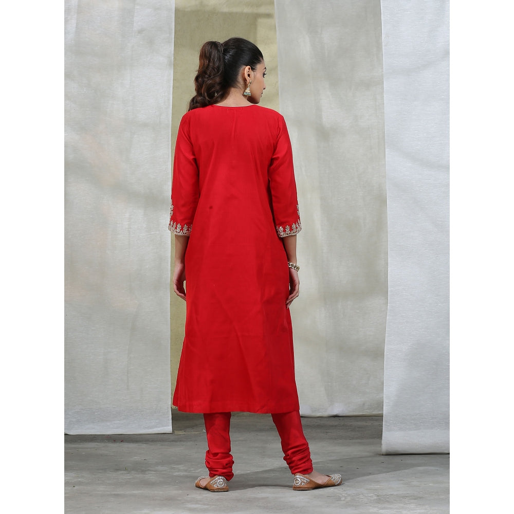 WeaverStory Red Handloom Chanderi Silk Kurta with Churidar and Dupatta (Set of 3)