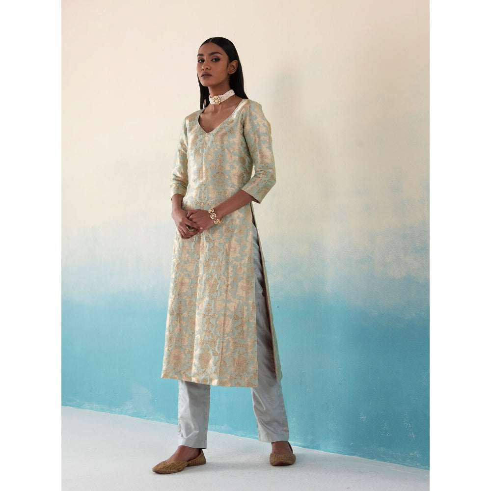 WeaverStory Tarifa Powder Blue Banarasi Kimkhab Kurta and Pants with Organza Dupatta (Set of 3)