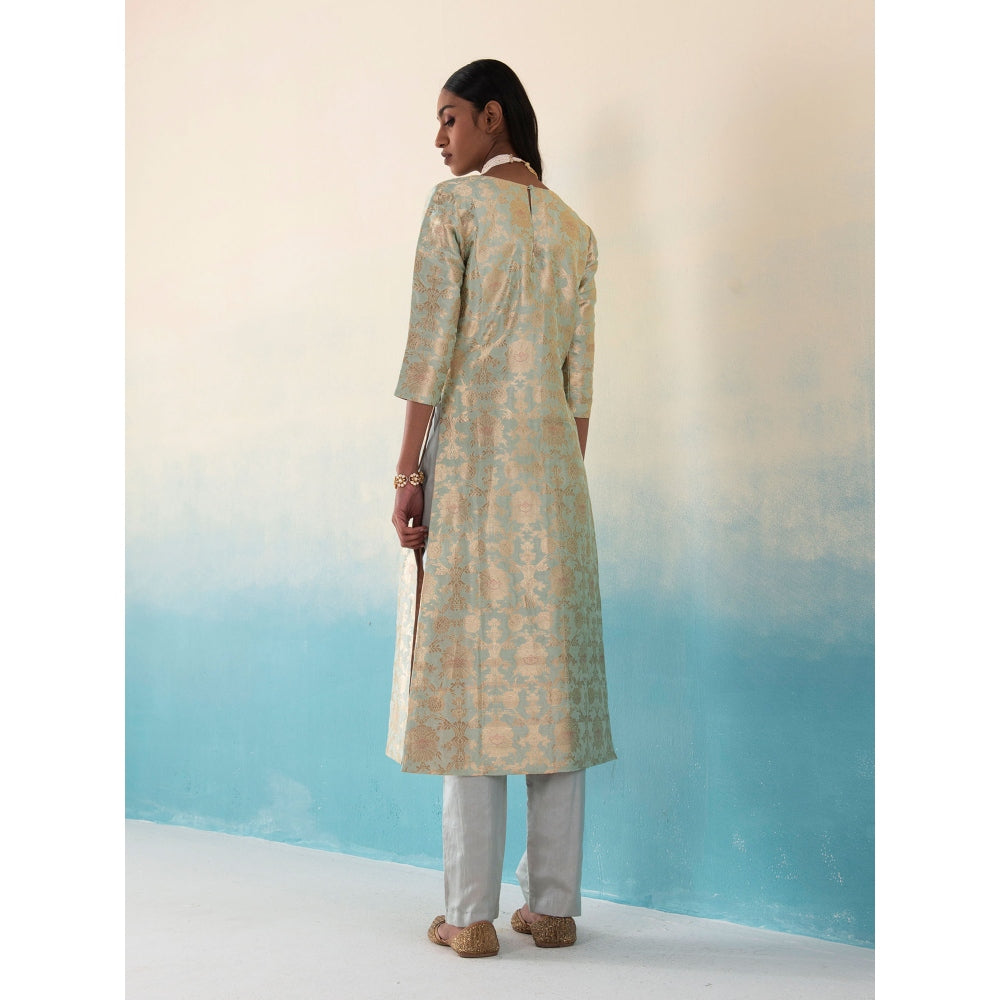 WeaverStory Tarifa Powder Blue Banarasi Kimkhab Kurta and Pants with Organza Dupatta (Set of 3)