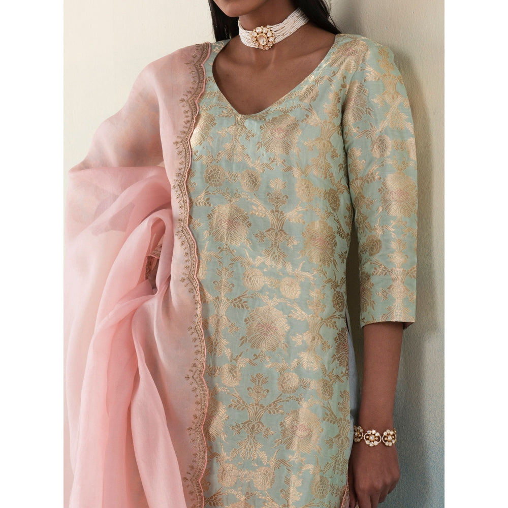 WeaverStory Tarifa Powder Blue Banarasi Kimkhab Kurta and Pants with Organza Dupatta (Set of 3)