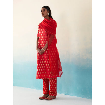 WeaverStory Asher Red Silk Bootidar Kurta with Silk Pants and Organza Dupatta (Set of 3)