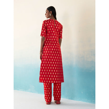 WeaverStory Asher Red Silk Bootidar Kurta with Silk Pants and Organza Dupatta (Set of 3)