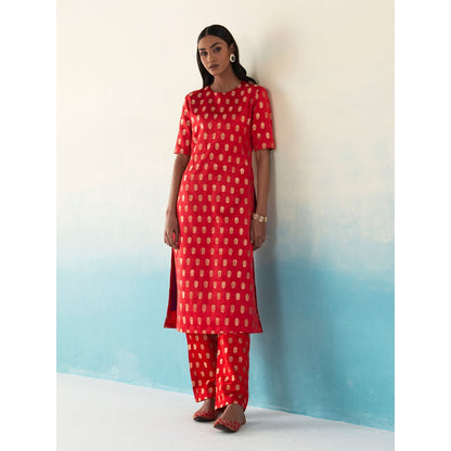 WeaverStory Asher Red Silk Bootidar Kurta with Silk Pants and Organza Dupatta (Set of 3)