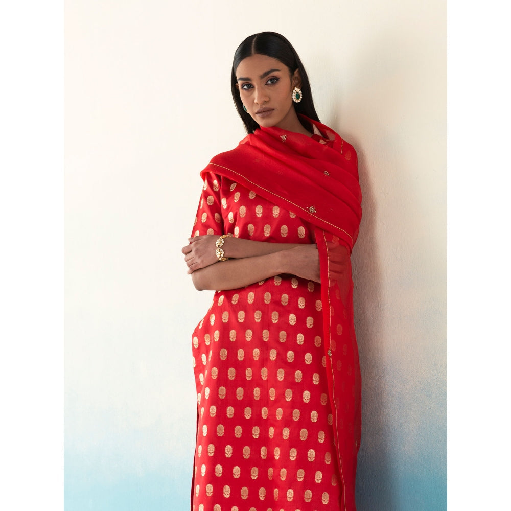 WeaverStory Asher Red Silk Bootidar Kurta with Silk Pants and Organza Dupatta (Set of 3)