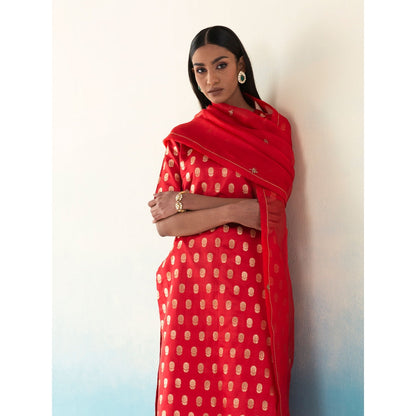 WeaverStory Asher Red Silk Bootidar Kurta with Silk Pants and Organza Dupatta (Set of 3)