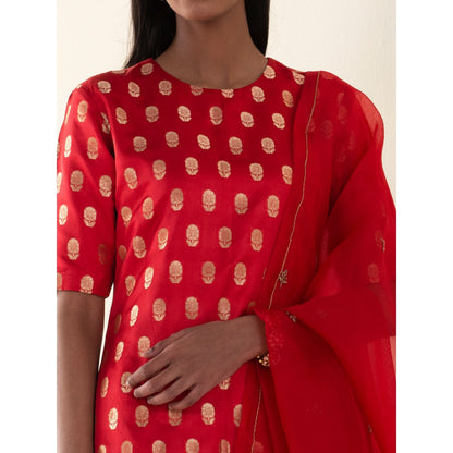 WeaverStory Asher Red Silk Bootidar Kurta with Silk Pants and Organza Dupatta (Set of 3)