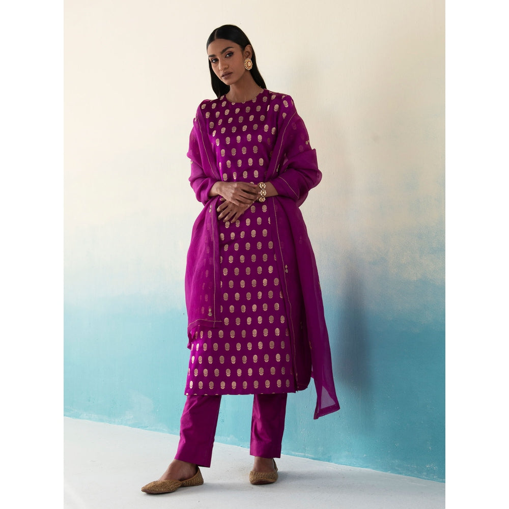 WeaverStory Jasper Purple Silk Bootidar Kurta with Silk Pants and Organza Dupatta (Set of 3)