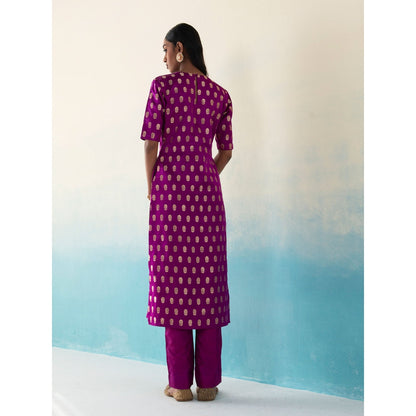 WeaverStory Jasper Purple Silk Bootidar Kurta with Silk Pants and Organza Dupatta (Set of 3)