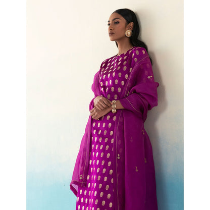 WeaverStory Jasper Purple Silk Bootidar Kurta with Silk Pants and Organza Dupatta (Set of 3)