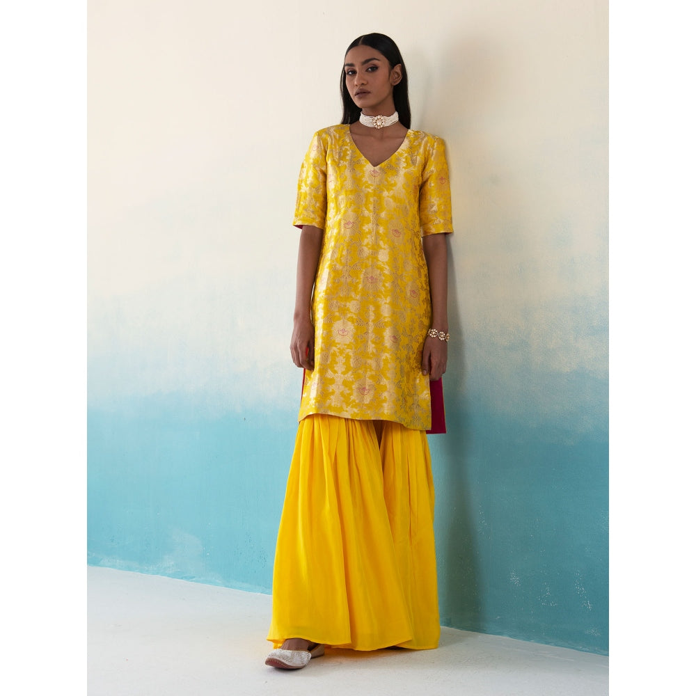 WeaverStory Hazel Yellow Jangla Banarasi Katan Silk Kurta with Gharara and Dupatta (Set of 3)
