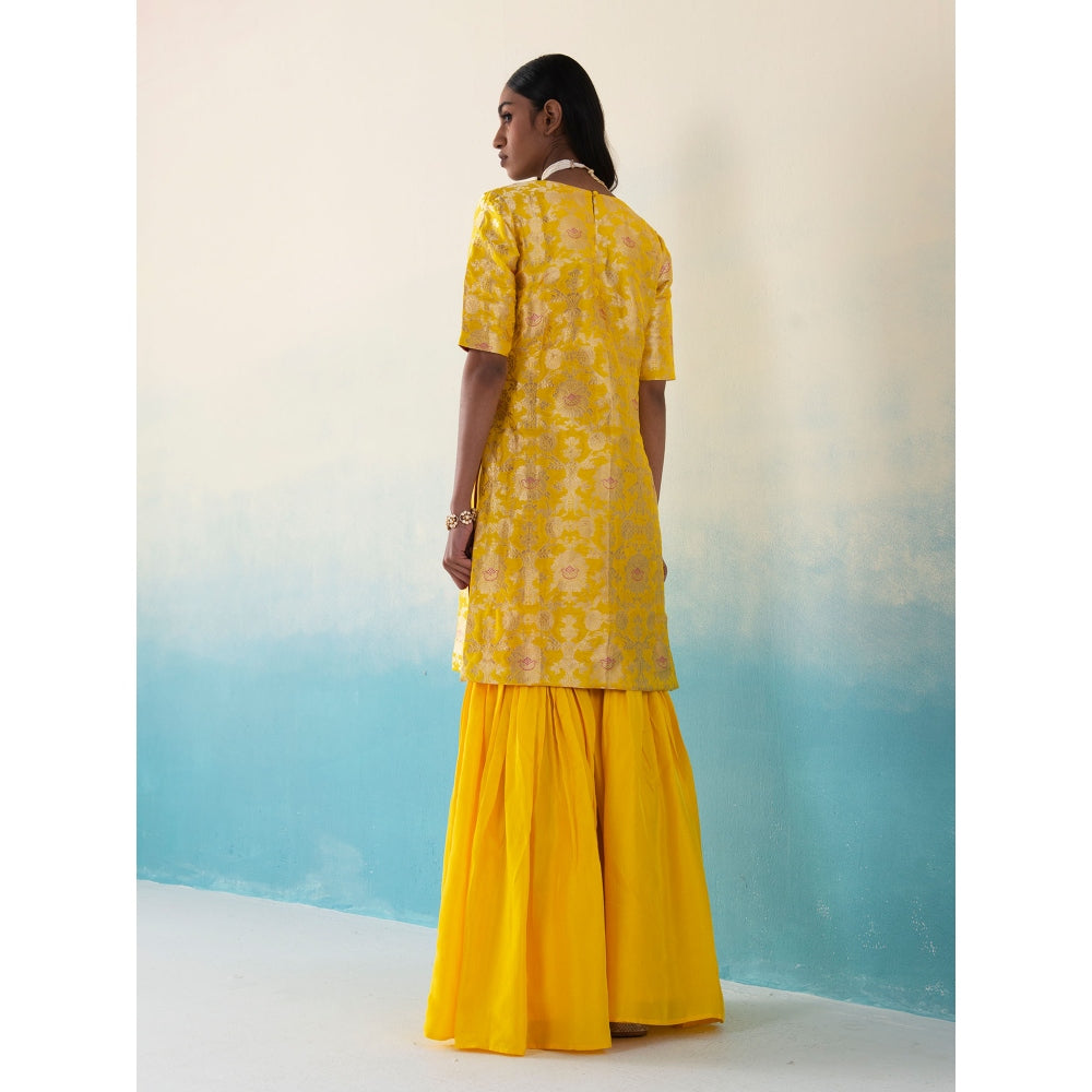 WeaverStory Hazel Yellow Jangla Banarasi Katan Silk Kurta with Gharara and Dupatta (Set of 3)