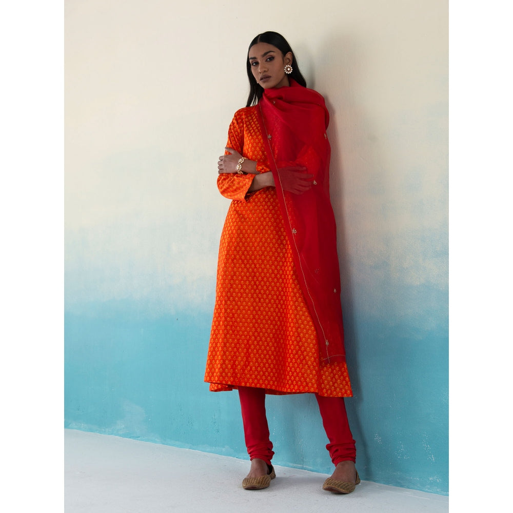 WeaverStory Najgul Orange & Red Banarasi Tanchoi Silk Kurta and Pants with Dupatta (Set of 3)