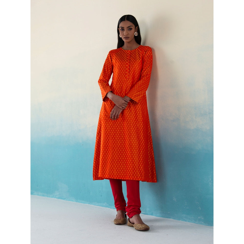 WeaverStory Najgul Orange & Red Banarasi Tanchoi Silk Kurta and Pants with Dupatta (Set of 3)