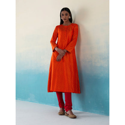 WeaverStory Najgul Orange & Red Banarasi Tanchoi Silk Kurta and Pants with Dupatta (Set of 3)