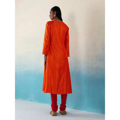 WeaverStory Najgul Orange & Red Banarasi Tanchoi Silk Kurta and Pants with Dupatta (Set of 3)