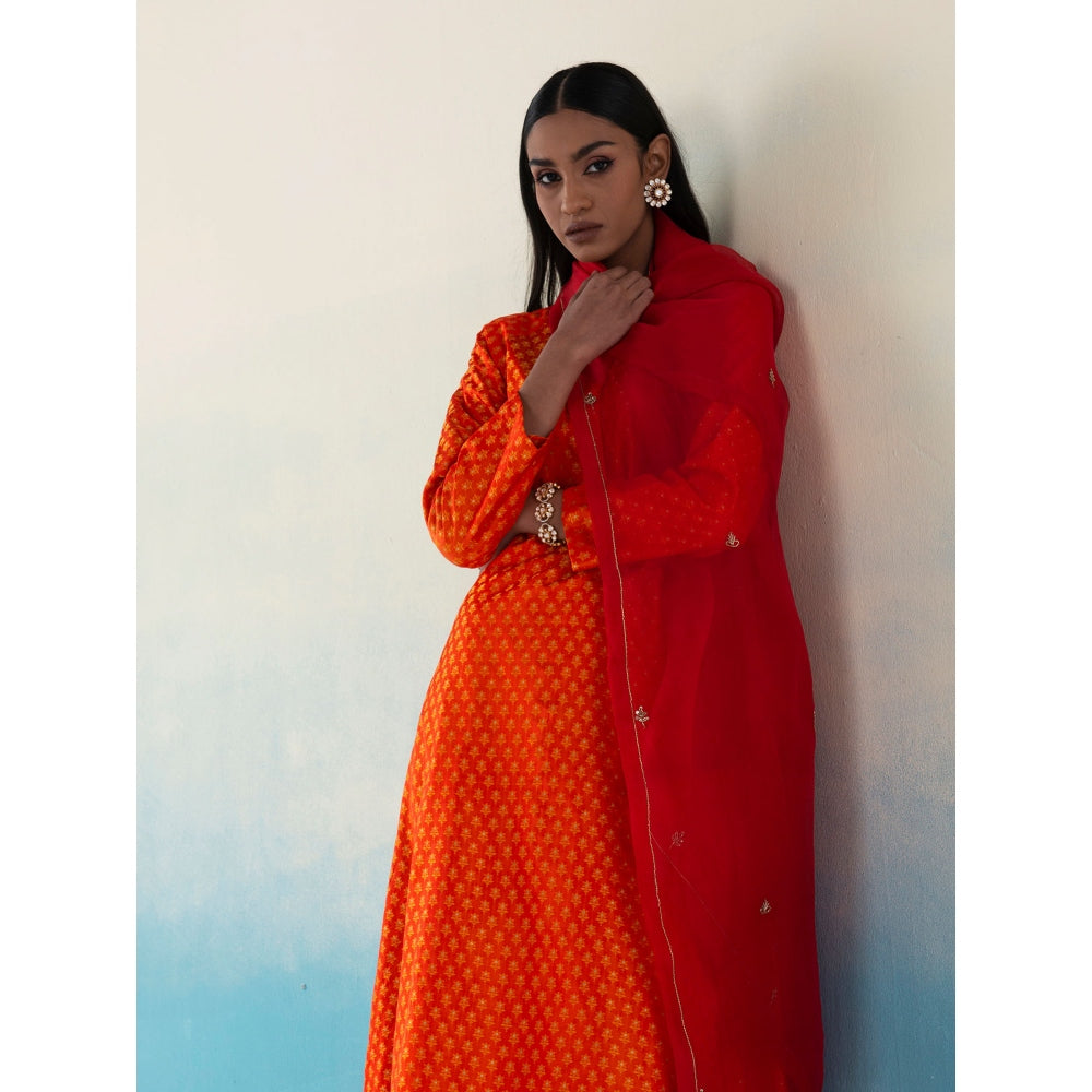 WeaverStory Najgul Orange & Red Banarasi Tanchoi Silk Kurta and Pants with Dupatta (Set of 3)