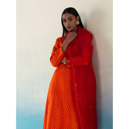 WeaverStory Najgul Orange & Red Banarasi Tanchoi Silk Kurta and Pants with Dupatta (Set of 3)