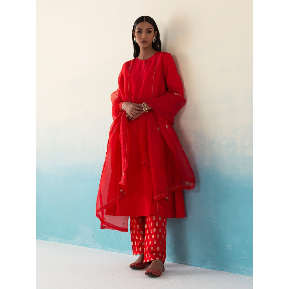 WeaverStory Gulaab Red Pure Silk Kurta and Banarasi Gold Zari Boota Pant and Dupatta (Set of 3)