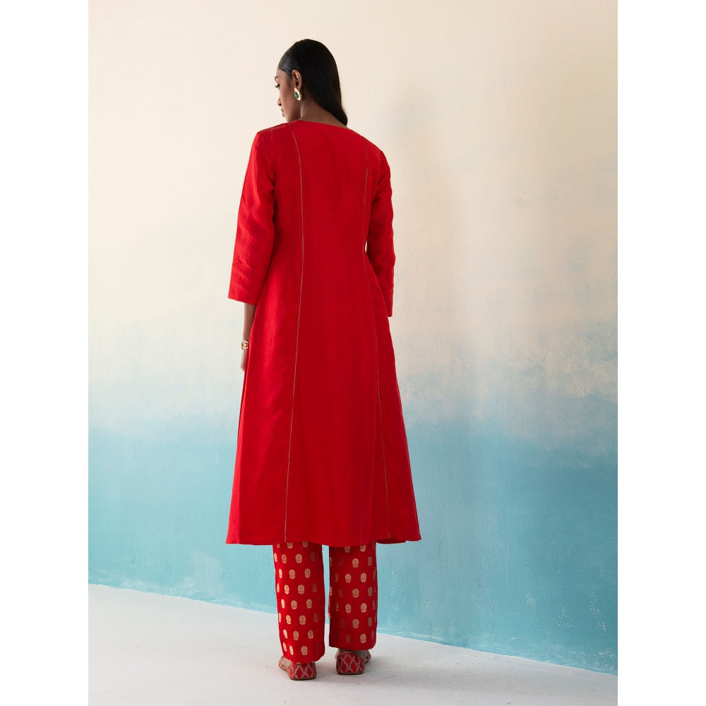 WeaverStory Gulaab Red Pure Silk Kurta and Banarasi Gold Zari Boota Pant and Dupatta (Set of 3)