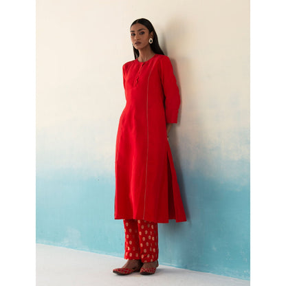 WeaverStory Gulaab Red Pure Silk Kurta and Banarasi Gold Zari Boota Pant and Dupatta (Set of 3)