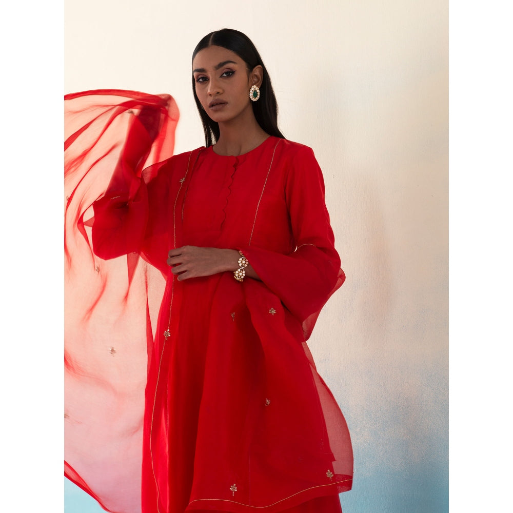 WeaverStory Gulaab Red Pure Silk Kurta and Banarasi Gold Zari Boota Pant and Dupatta (Set of 3)