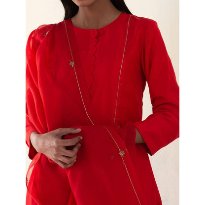 WeaverStory Gulaab Red Pure Silk Kurta and Banarasi Gold Zari Boota Pant and Dupatta (Set of 3)