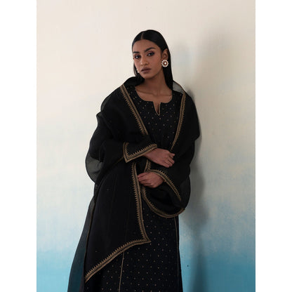 WeaverStory Handloom Black Kurta with Side Panel Tussar Silk Suit with Dupatta (Set of 3)