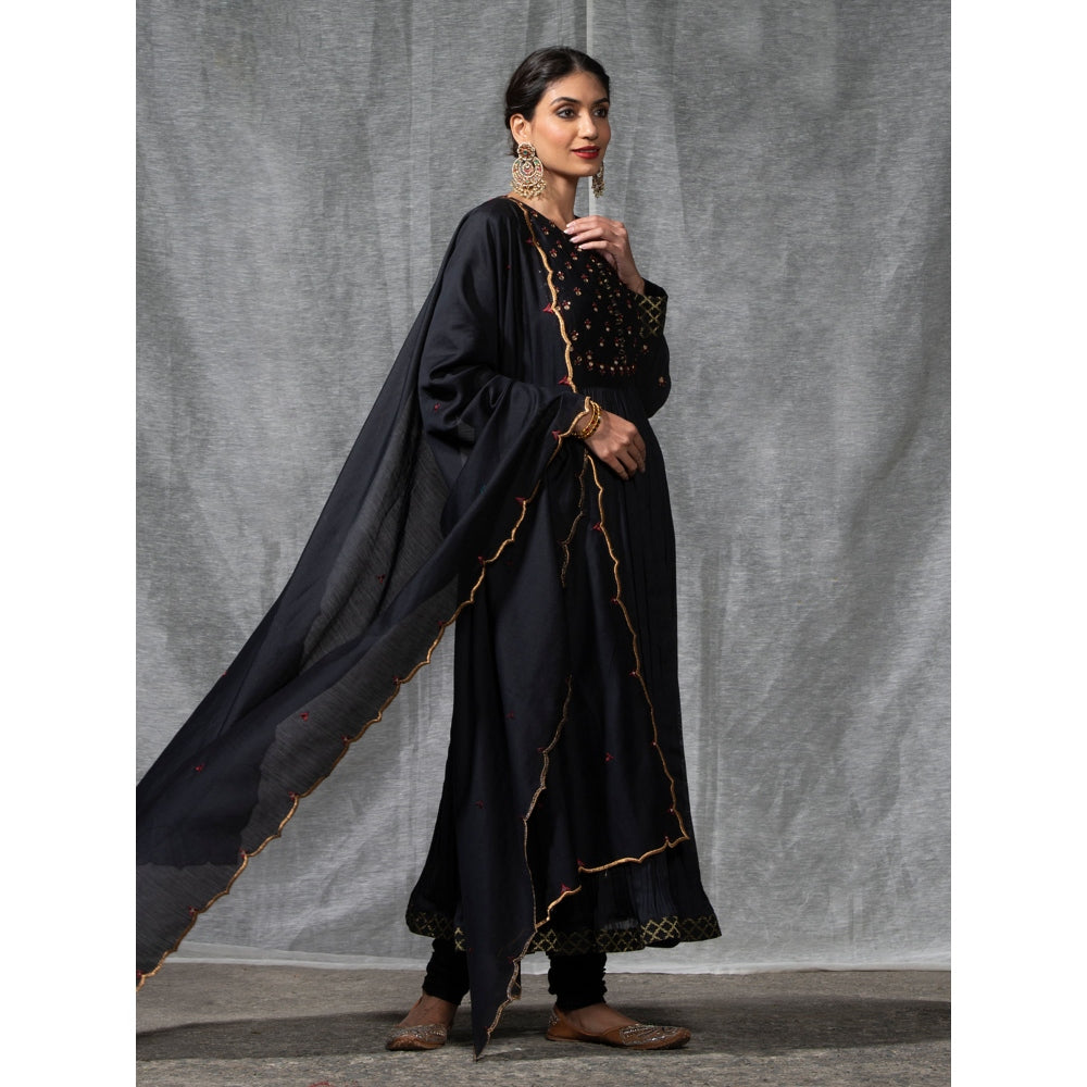 WeaverStory Black Pleated Chanderi Silk Zardozi Kurta with Churidar and Dupatta (Set of 3)