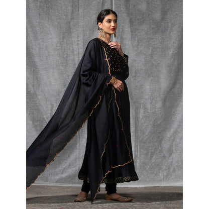 WeaverStory Black Pleated Chanderi Silk Zardozi Kurta with Churidar and Dupatta (Set of 3)