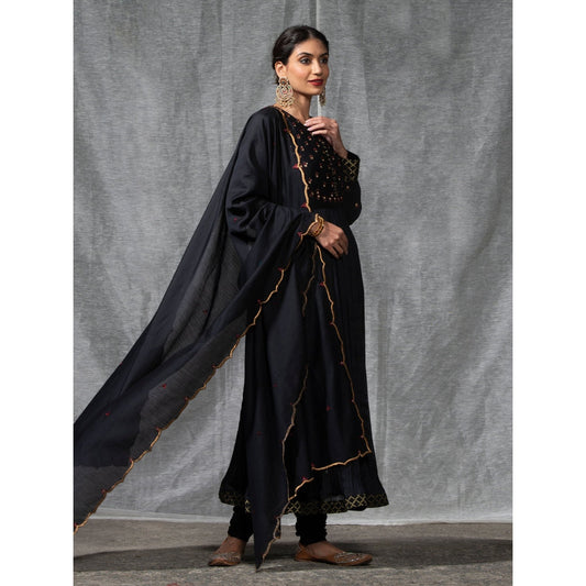 WeaverStory Black Pleated Chanderi Silk Zardozi Kurta with Churidar and Dupatta (Set of 3)