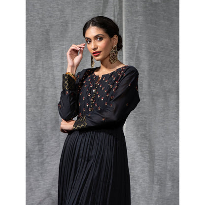 WeaverStory Black Pleated Chanderi Silk Zardozi Kurta with Churidar and Dupatta (Set of 3)